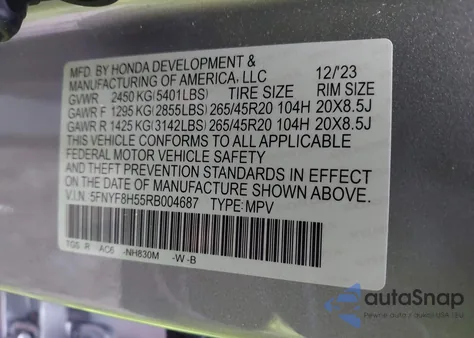 2024 Honda Passport Awd Ex-L z USA, uszkodzony, nr VIN 5FNYF8H55RB004687